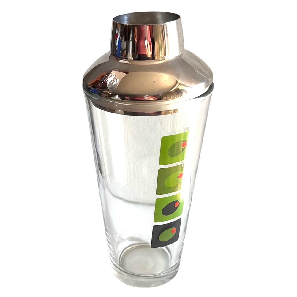 MCM Kitsch VTG Glass Olive Graphics Chrome Cocktail Shaker Martini Mixer**READ
